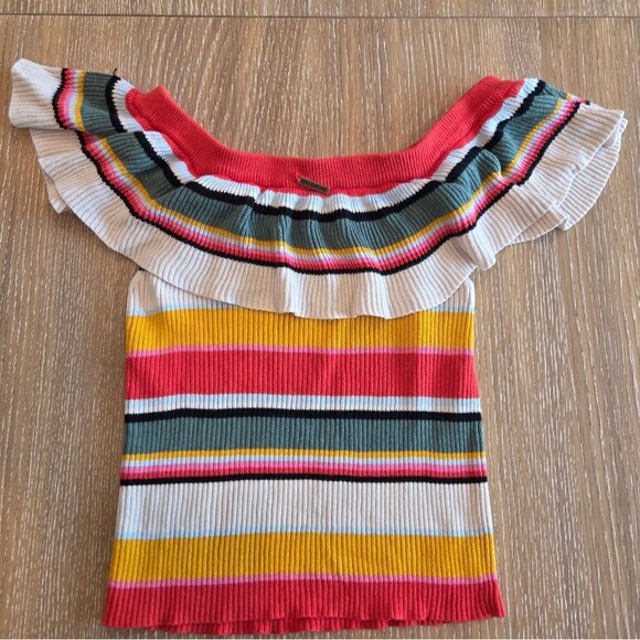 Billabong Take A Trip Off Shoulder Ruffle  Ribbed Sweater Striped Junior… - Picture 3 of 6
